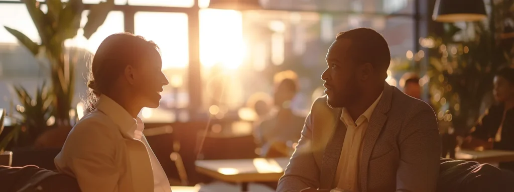 Two individuals engaged in conversation at a restaurant table, emphasizing customer understanding in a dining experience.