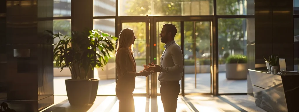 Two individuals shaking hands in front of a large glass door, symbolizing partnership and customer-focused engagement.